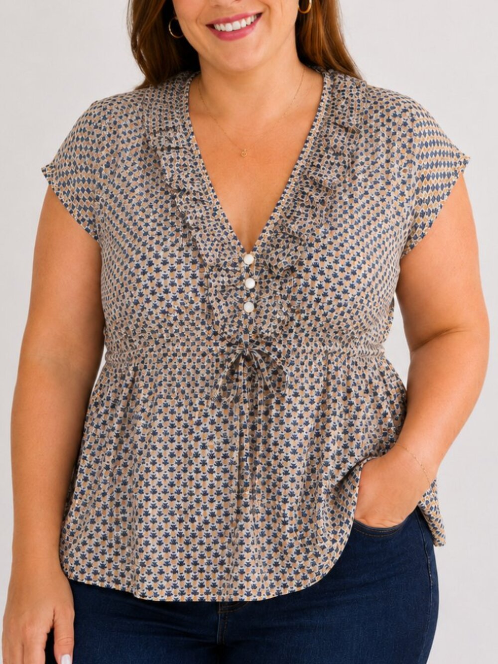 J.Crew Size 14 Pineapple Print Ruffle Peplum Cotton Blouse Top
